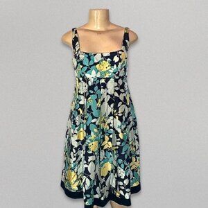 BCBG Paris Dress Floral Sleeveless Pleated Skirt Square Neck Silk Blue/Yellow 2‎
